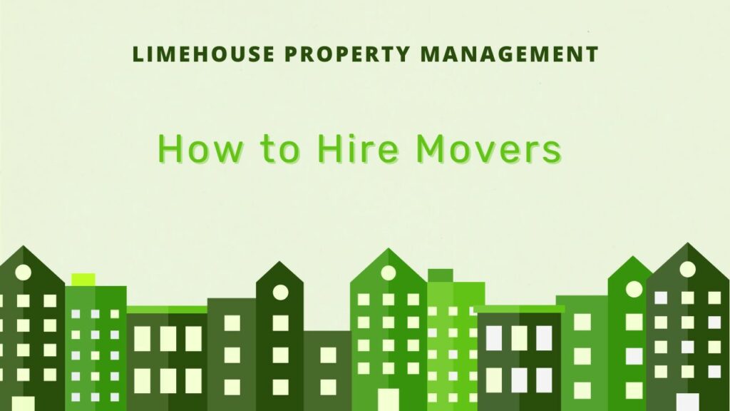 Title "How to Hire Movers" in lime green letters over a pastel green background, an assortment of green cartoon houses below it.