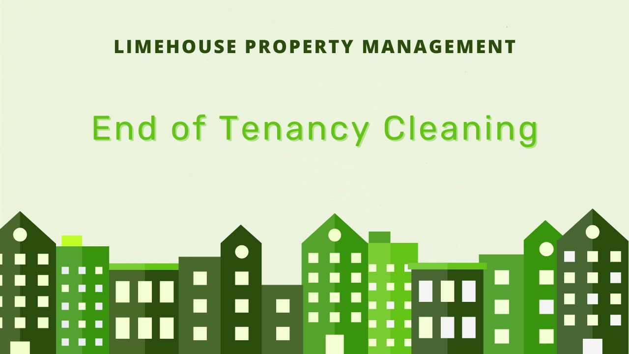 Title "End of Tenacy Cleaning" in lime green letters over a pastel green background
