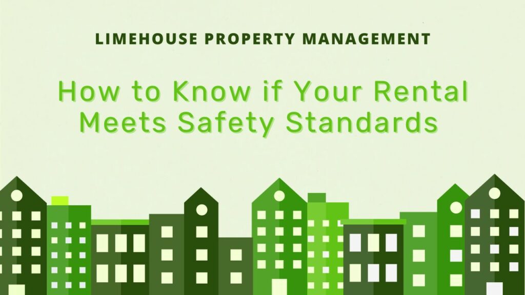 Title "How to Know if Your Rental Meets Safety Standards" in lime green letters over a pastel green background, an assortment of green cartoon houses below it