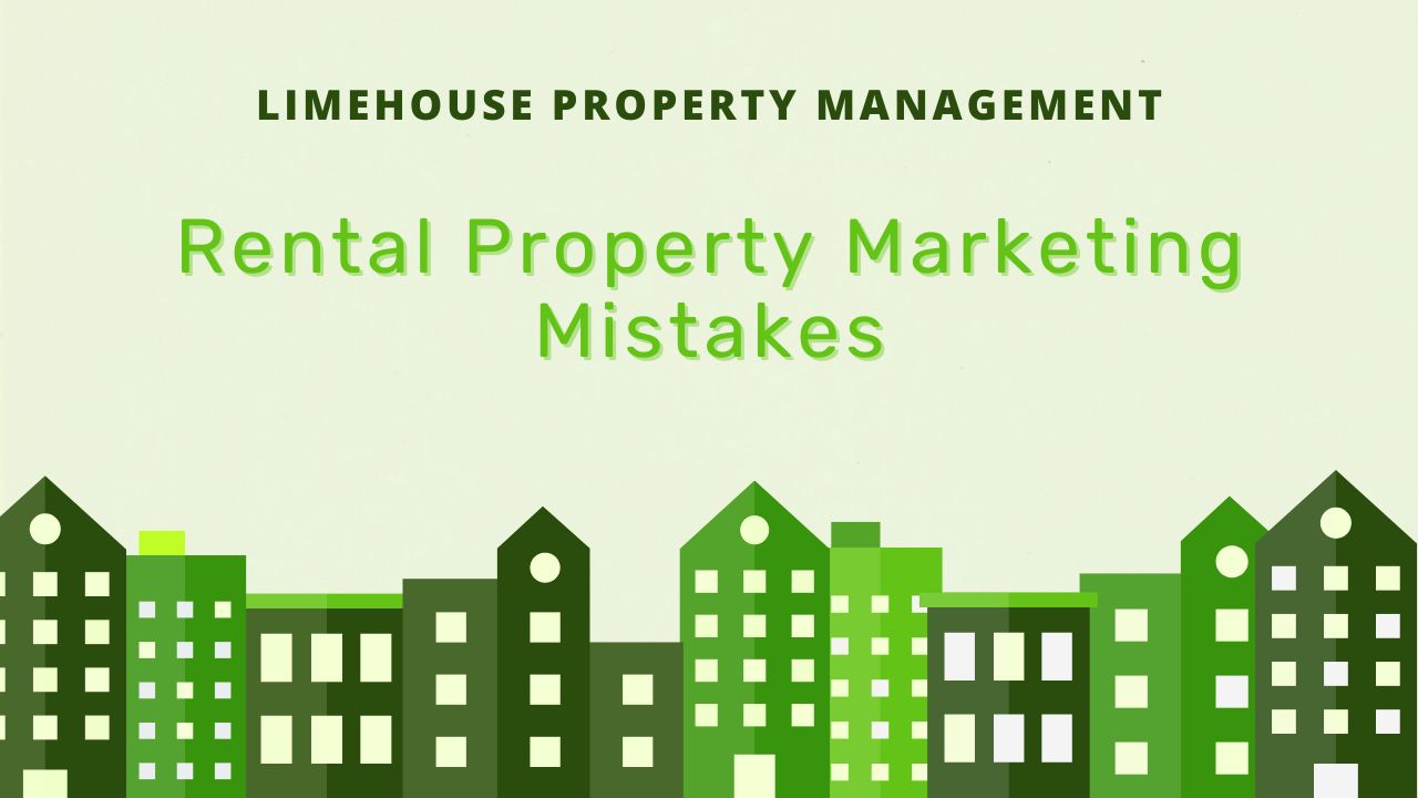 Title "Rental Property Marketing Mistakes" in lime green letters over a pastel green background, an assortment of green cartoon houses below it